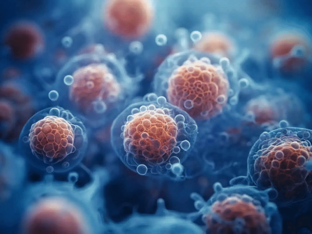 Close-up-microscopic-view-of-cells-undergoing-division-with-visible-cell-structures-and-bubbles.