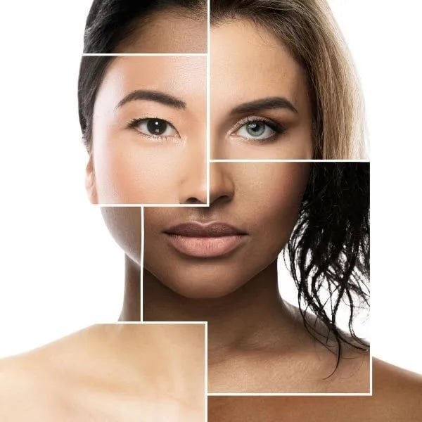 Split-image-of-two-women's-faces-showing-different-skin-tones-and-hair-textures-in-a-grid-pattern.